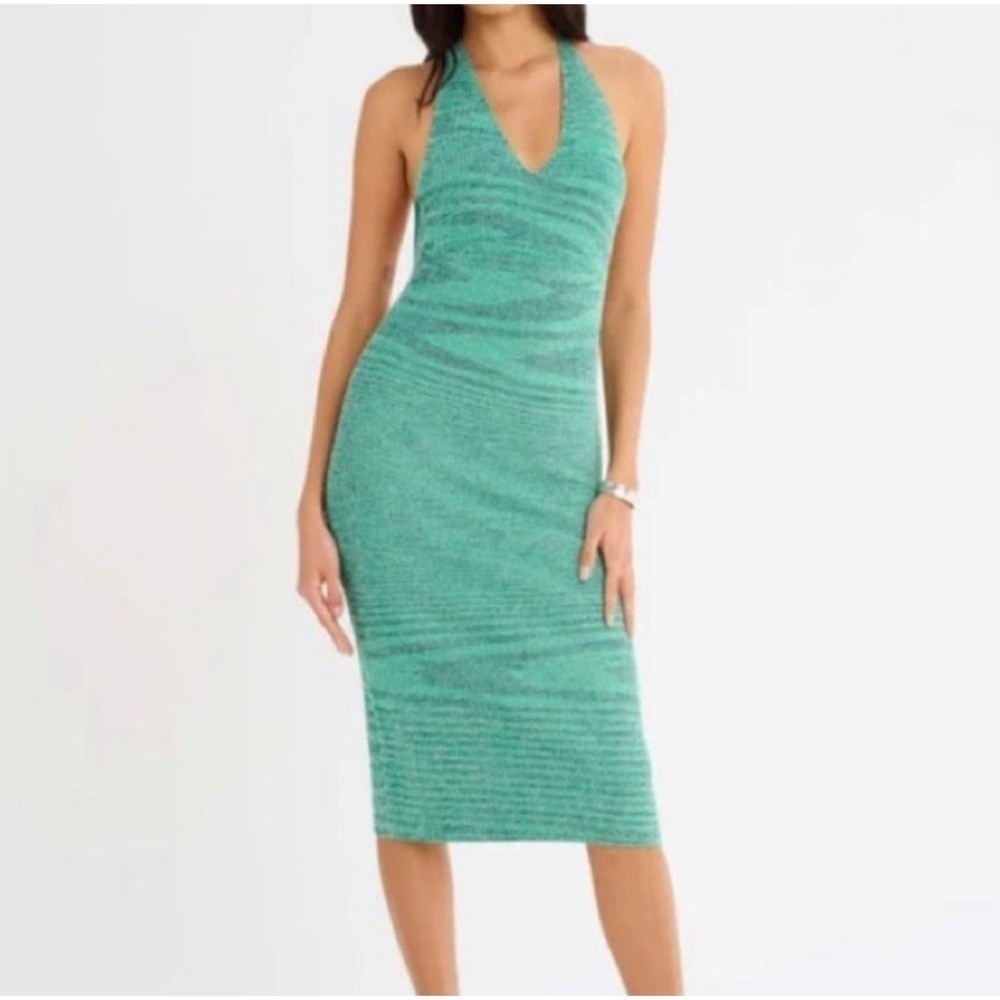 Rumored Green Space Dye Knit Halter Midi Dress Open Back Size Medium NWT